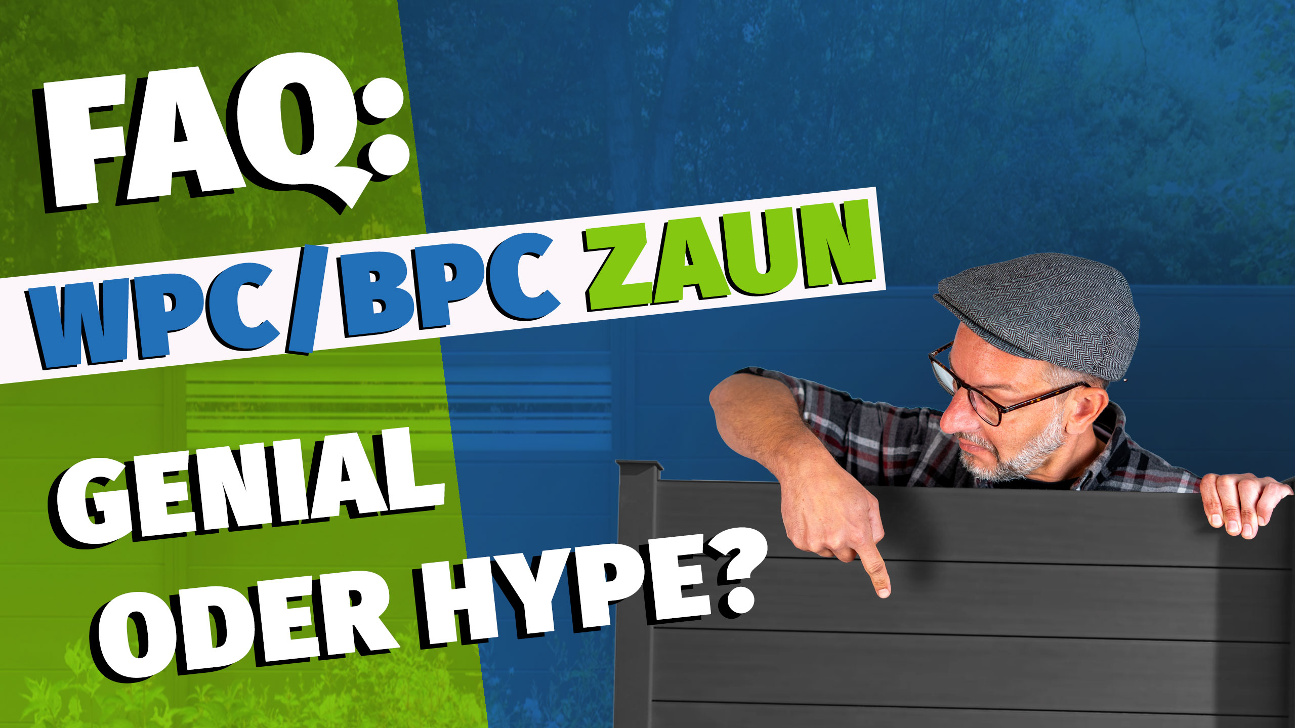Ein Mann zeigt auf einen WPC- oder BPC-Zaun in einem Garten und diskutiert über moderne Zaunoptionen.