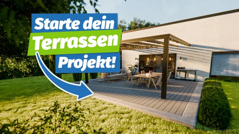 Eine moderne Terrasse mit Esstisch und Stühlen, neutrale Töne, deutsche Textüberlagerung.