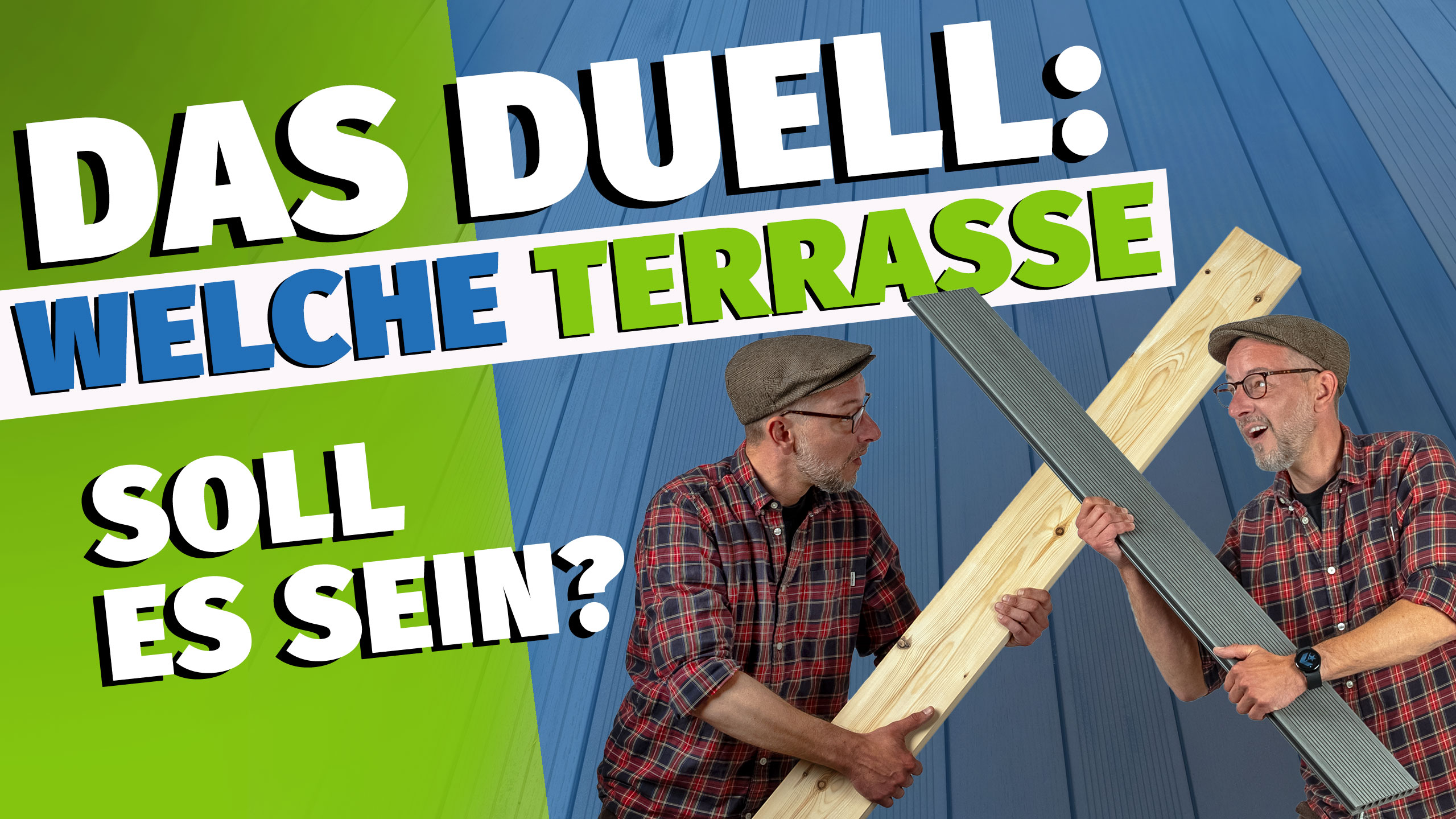 Zwei Männer in karierten Hemden halten und vergleichen braune Terrassendielen für die Verlegung einer Terrasse im Freien.
