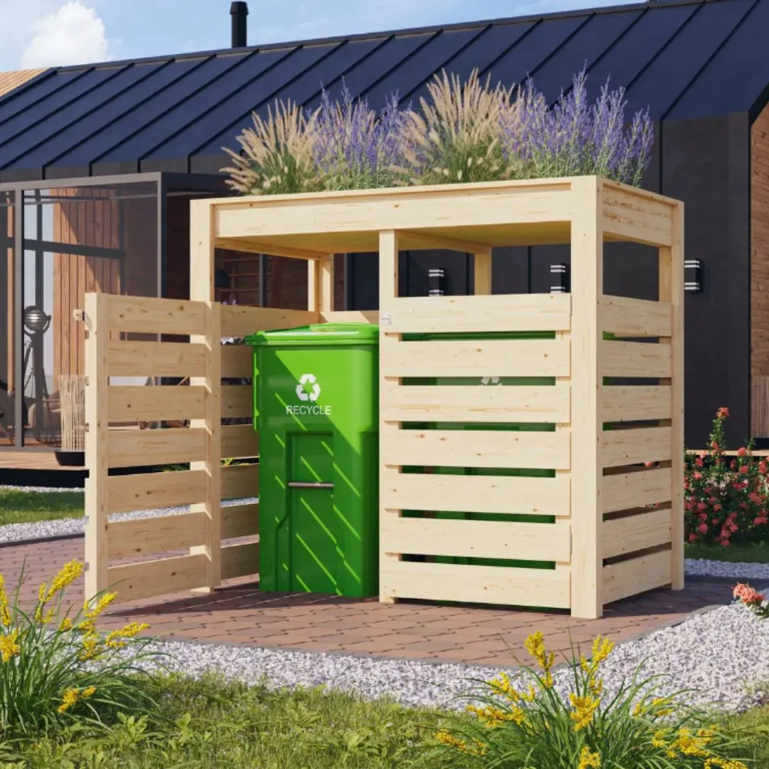Holz-Mülltonnenbox geöffnet für zwei Mülltonnen