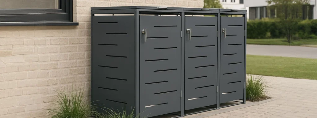 3er Mülltonnenbox in Anthrazit aus Stahl mit modernem Design vor beiger.