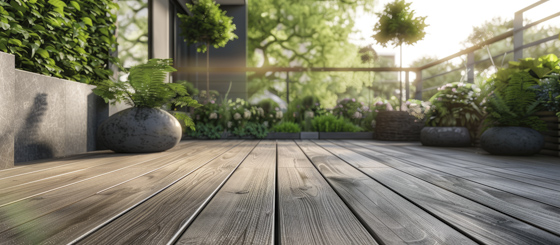 Graue WPC-Dielen bei Sonnenuntergang