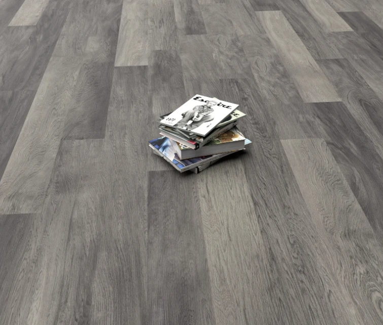 Grauer Hartvinylboden unter Katalogen