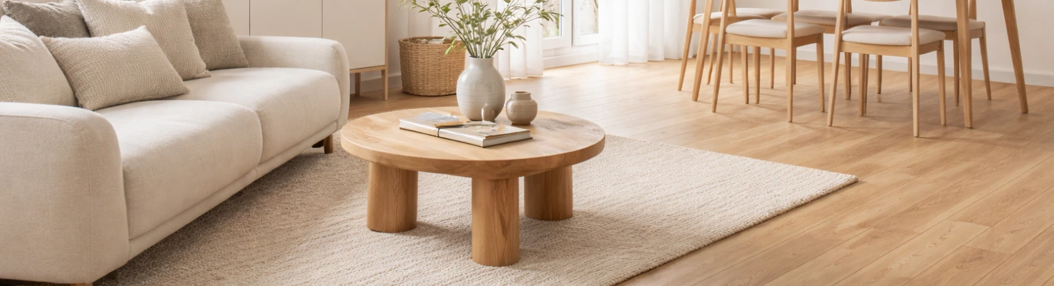 Helles Wohnzimmer mit Couch, Teppich und Essbereich und hellem Vinylboden mit Eichenoptik