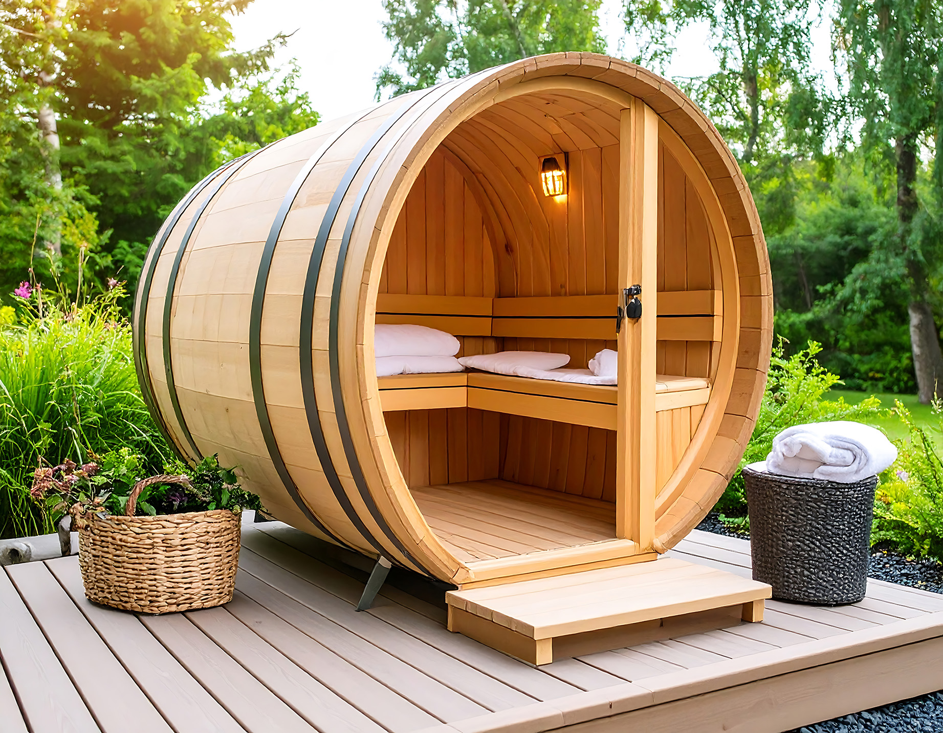 Fasssauna aus Holz im Garten