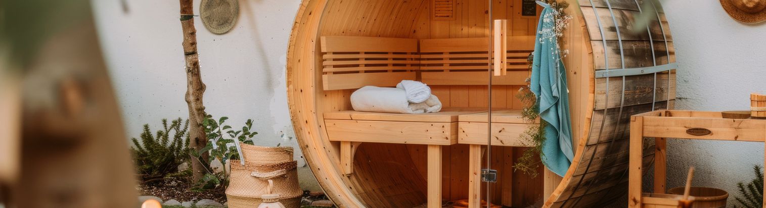 Helle Fasssauna aus Holz im Garten