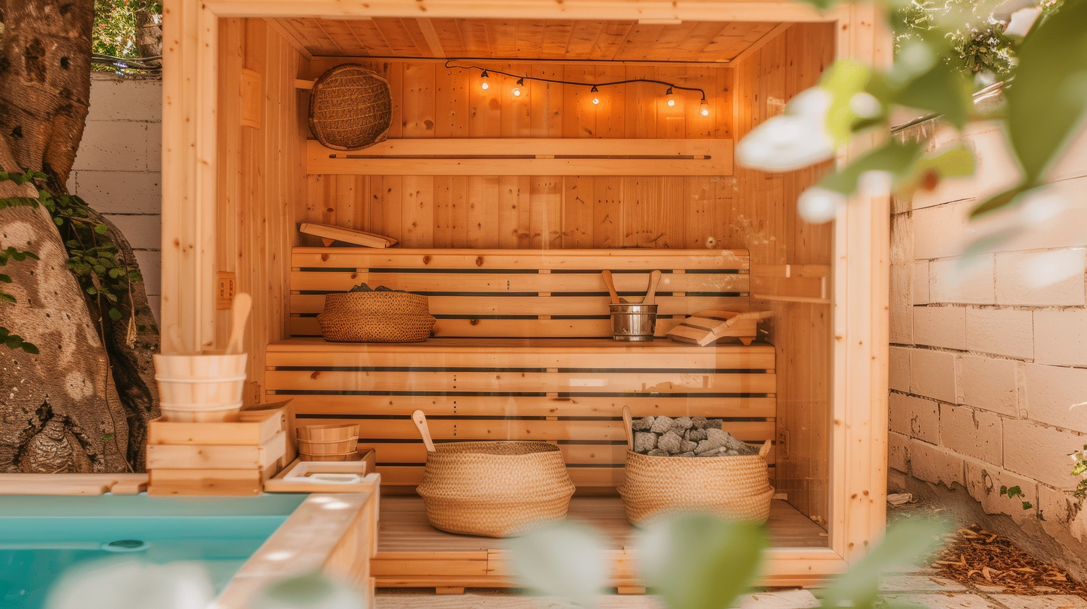 Saunahaus von innen mit Zubehör