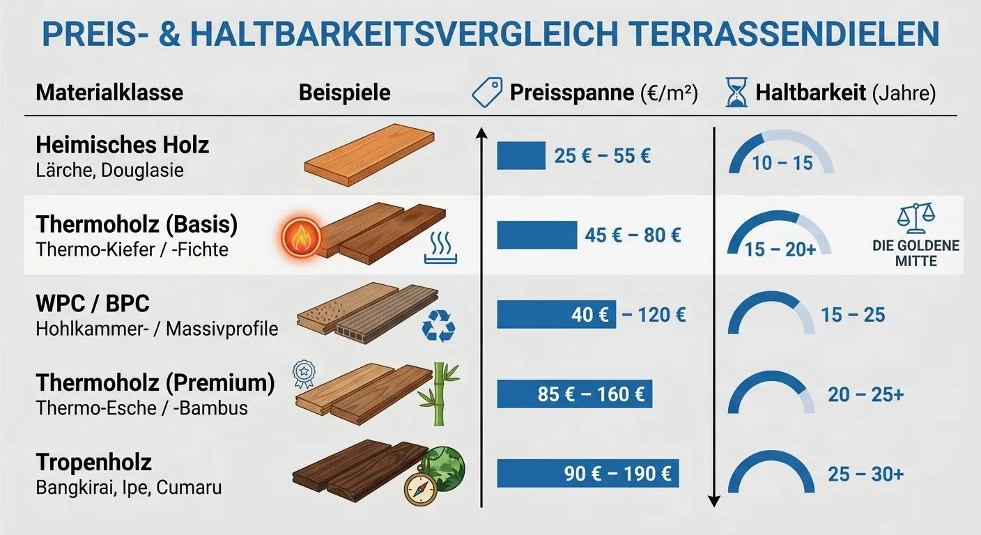 Vergleich von Thermoholz Terrassendielen im Vergleich zu anderen Materialien