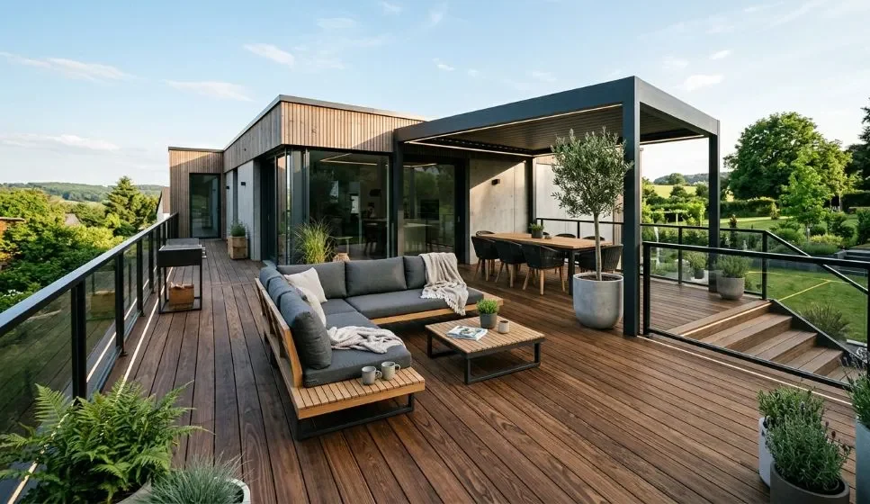 Thermoholz Terrassendielen verlegt auf moderner Terrasse