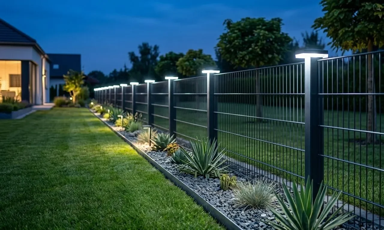 Doppelstabmattenzaun mit beleuchteten Pfosten. Zaunbeleuchtung im Garten.