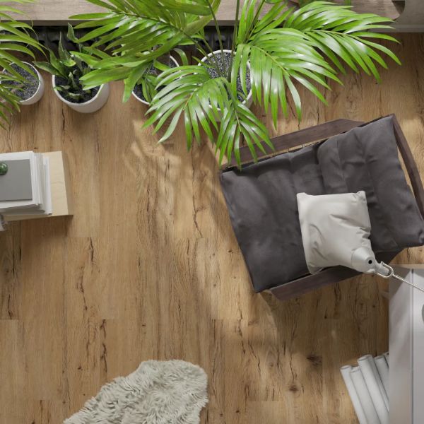 Ein warmer Vinylboden im Wohnbereich von oben