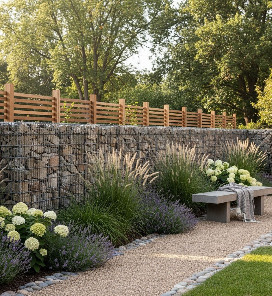 Moderner Gabionenzaun in einem Garten