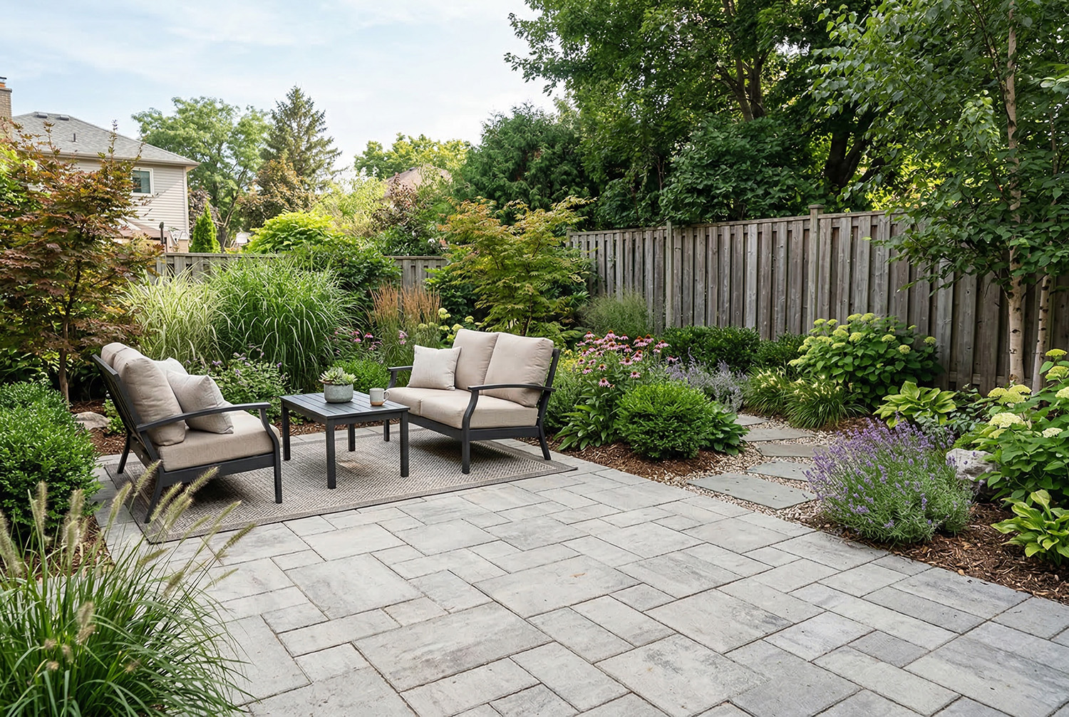 Schöne Terrasse mit hellen Platten im Freien