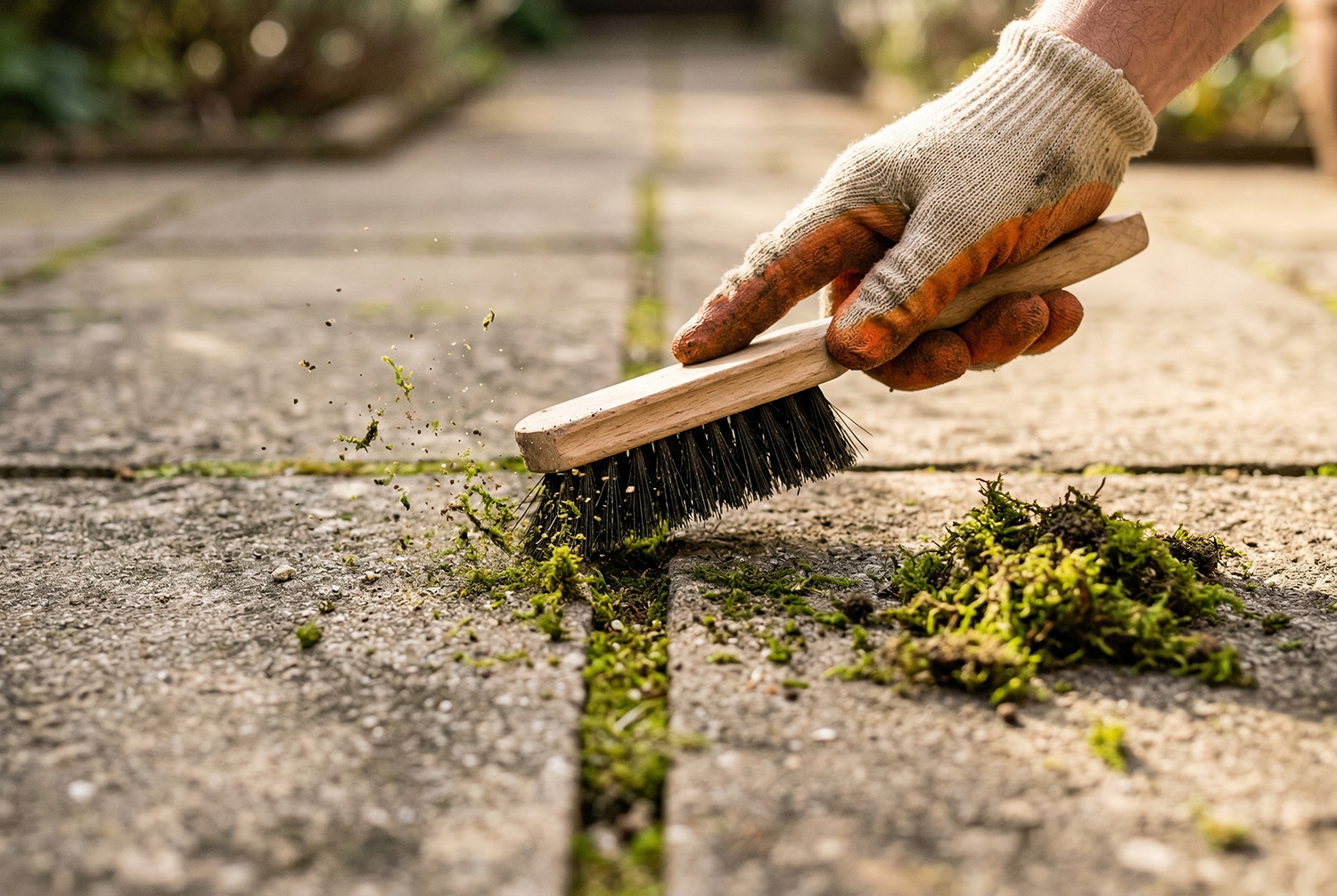 Terrassenplatten Fugen werden mit einer Bürste gereinigt