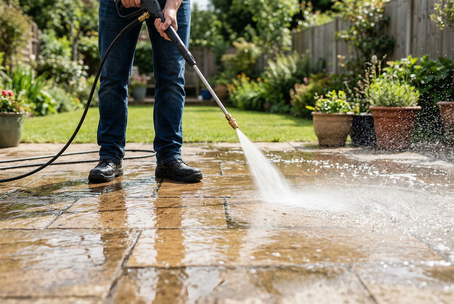 Terrassenplatten werden von einem Mann mit Hochdruckreiniger gereinigt