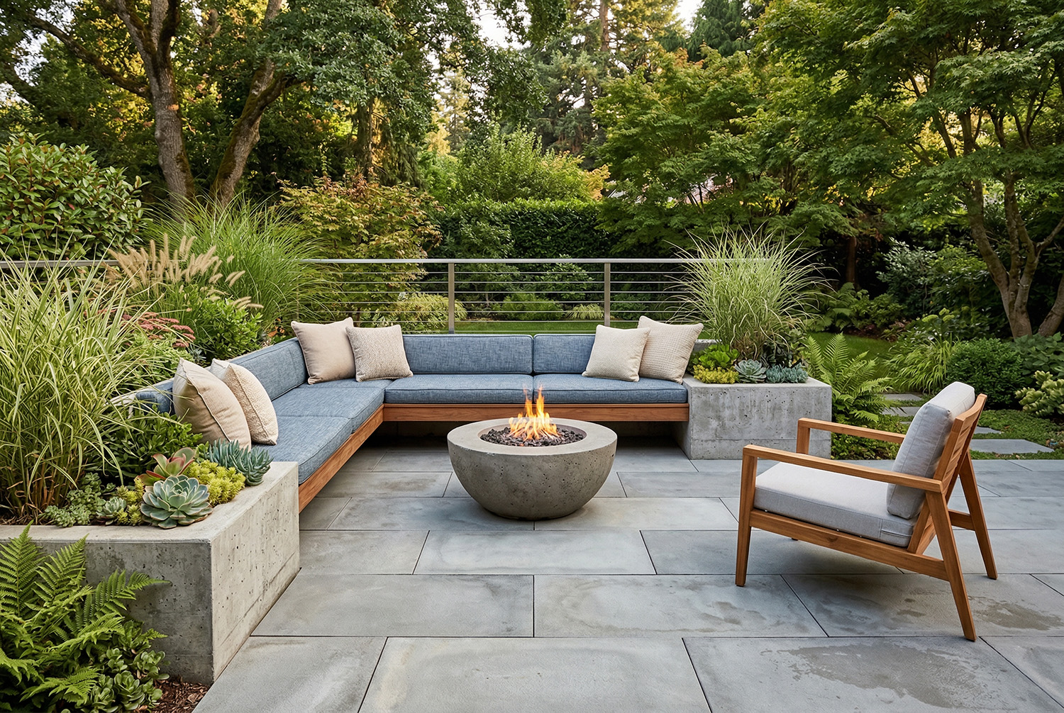 Terrasse mit grauen Terrassenplatten und Gartenmöbeln