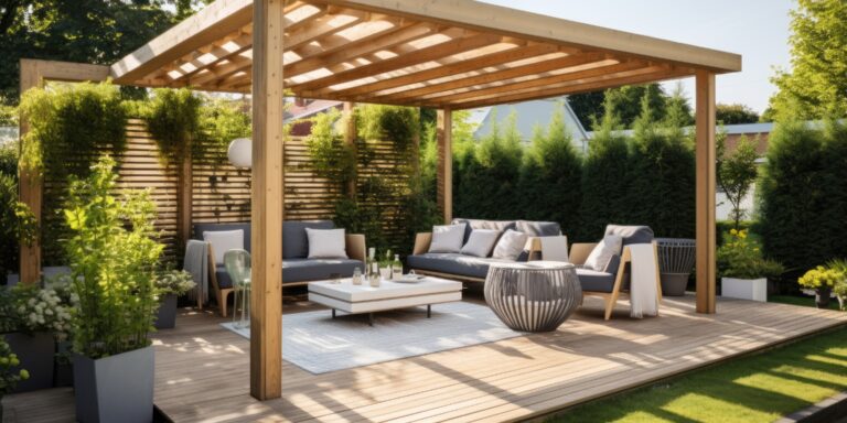 Terrasse im Garten mit braunen Terrassendielen
