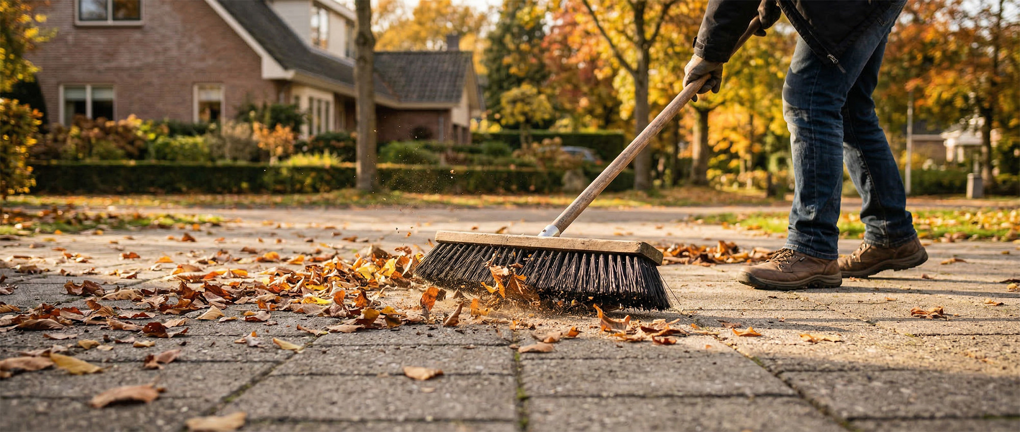 Terrasse die von einem Mann mit einem Besen gereinigt wird