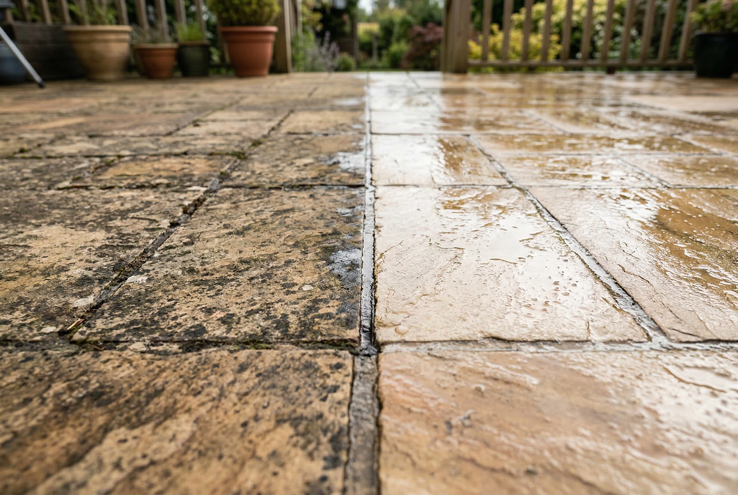 Vorher Nachher Effekt von einer dreckigen und sauberen terrasse