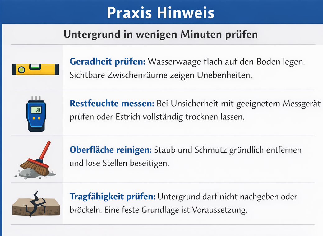 Praxis Hinweis zum Prüfen vom Untergrund