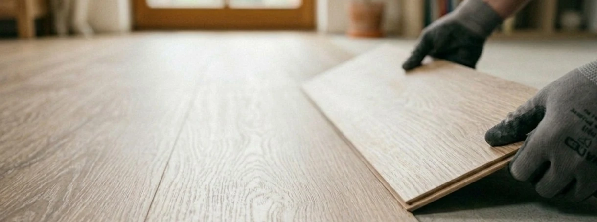 Vinylboden wird in einem Wohnraum verlegt.