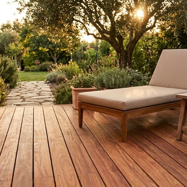 Afrikulu Mukulungu Terrassendielen im Garten in Braun