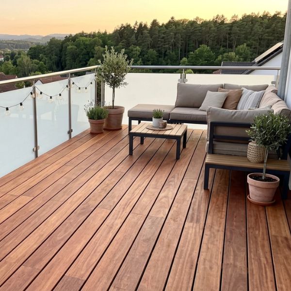 Terrassendielen Afrikulu Mukulungu auf einem Balkon mit modernen Möbeln