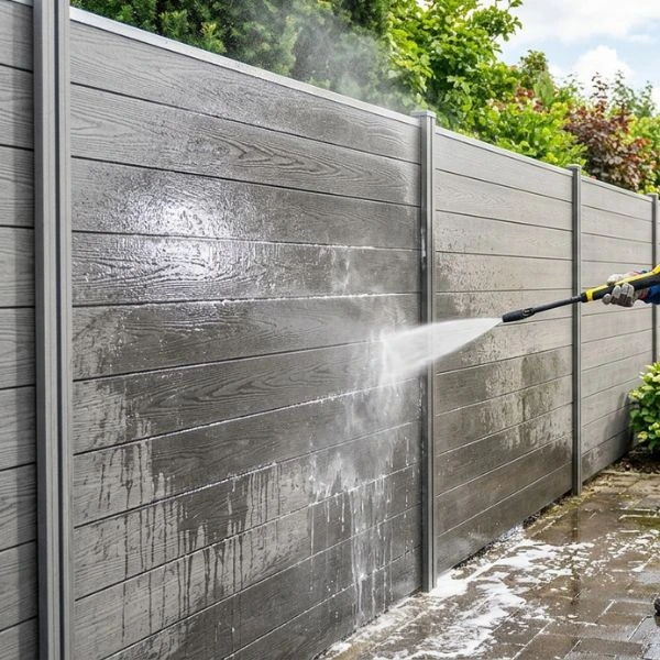 Sichtschutzzaun wird mit Hochdruckreiniger gereinigt