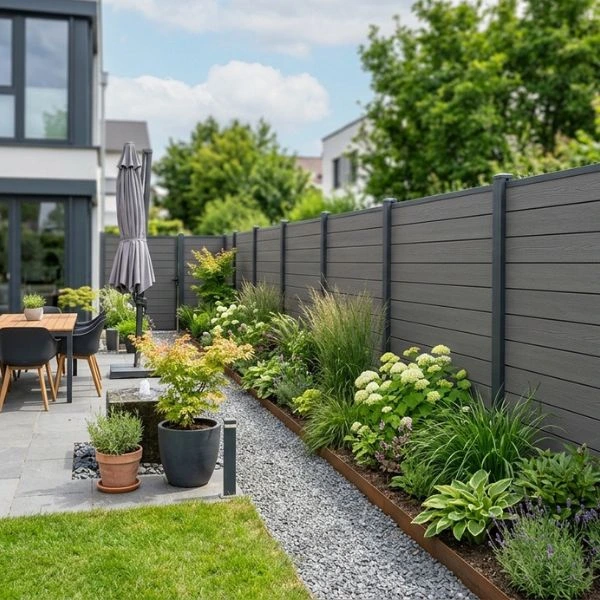 BPC Sichtschutz in Anthrazit in einem modernen Garten