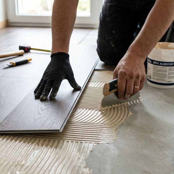Ein Mann verlegt ein Klebe Vinylboden