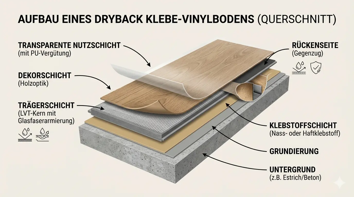 Grafik vom Aufbau eines Dryback Klebevinylbodens