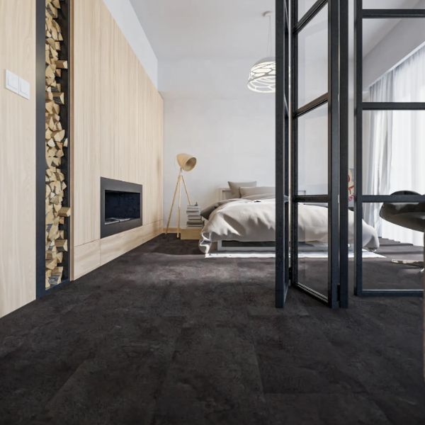 Dunkler Vinylboden im Schlafzimmer