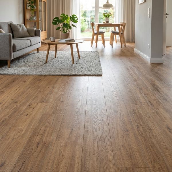 Ein fertig verlegter Klebe Vinyl im modernen Wohnbereich