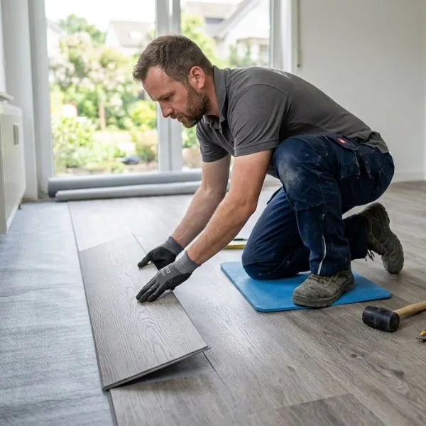 Ein Mann verlegt einen Vinylboden auf einer Trittschalldämmung