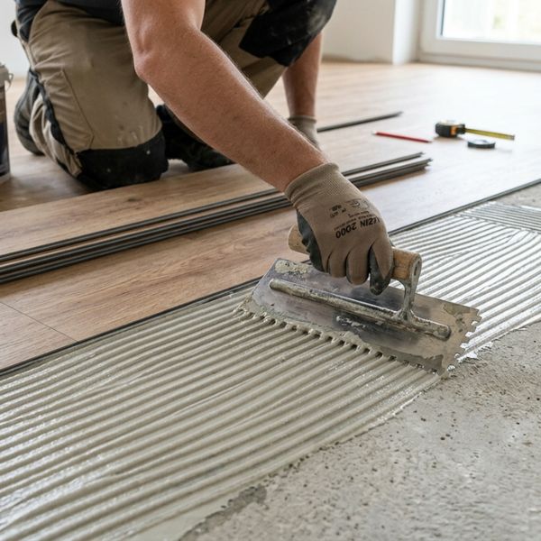 Klebstoff für Vinyl Verlegung wird mit Zahnspachtel verteilt