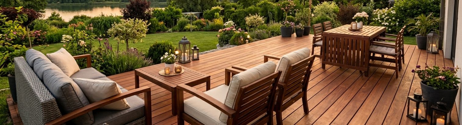 Afrikulu Mukulungu Terrassendielen in braun verlegt auf moderner Terrasse