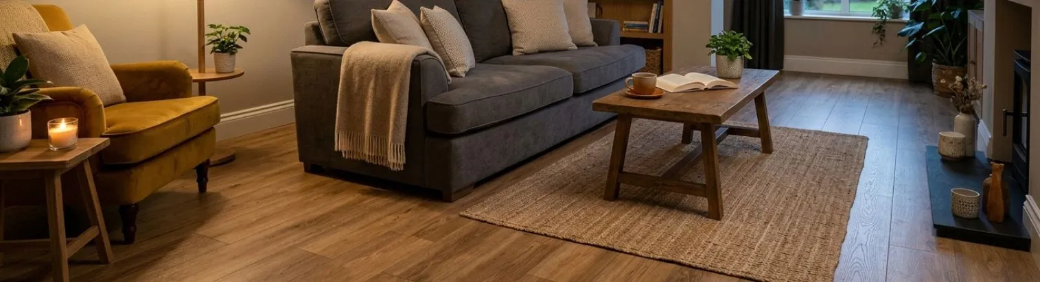 Brauner Vinylboden in einem gemütlichen Wohnzimmer