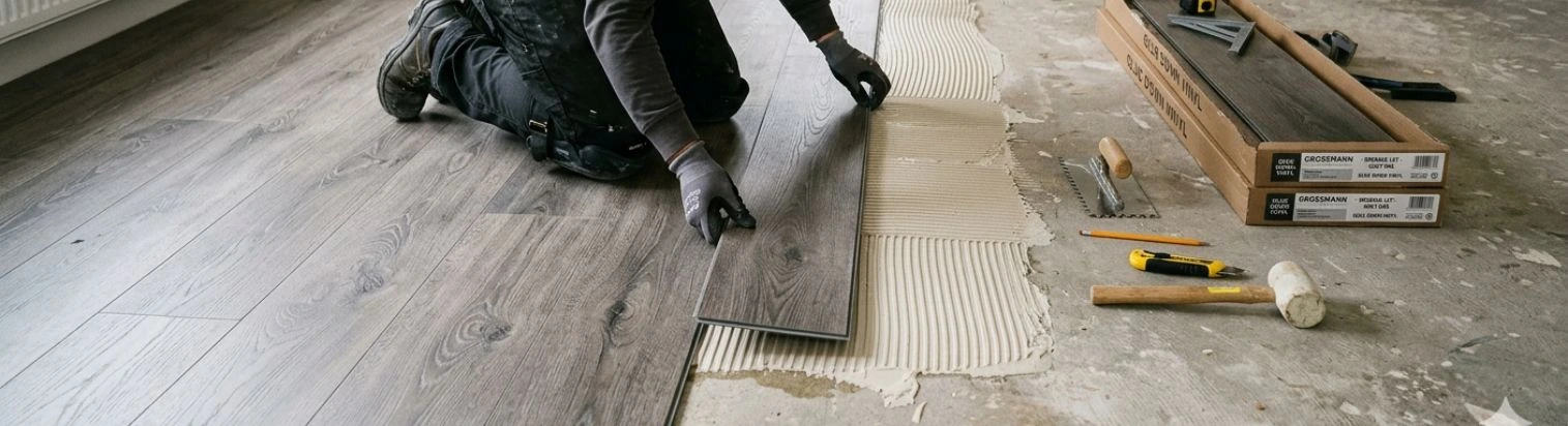 Ein Mann verklebt einen Vinylboden