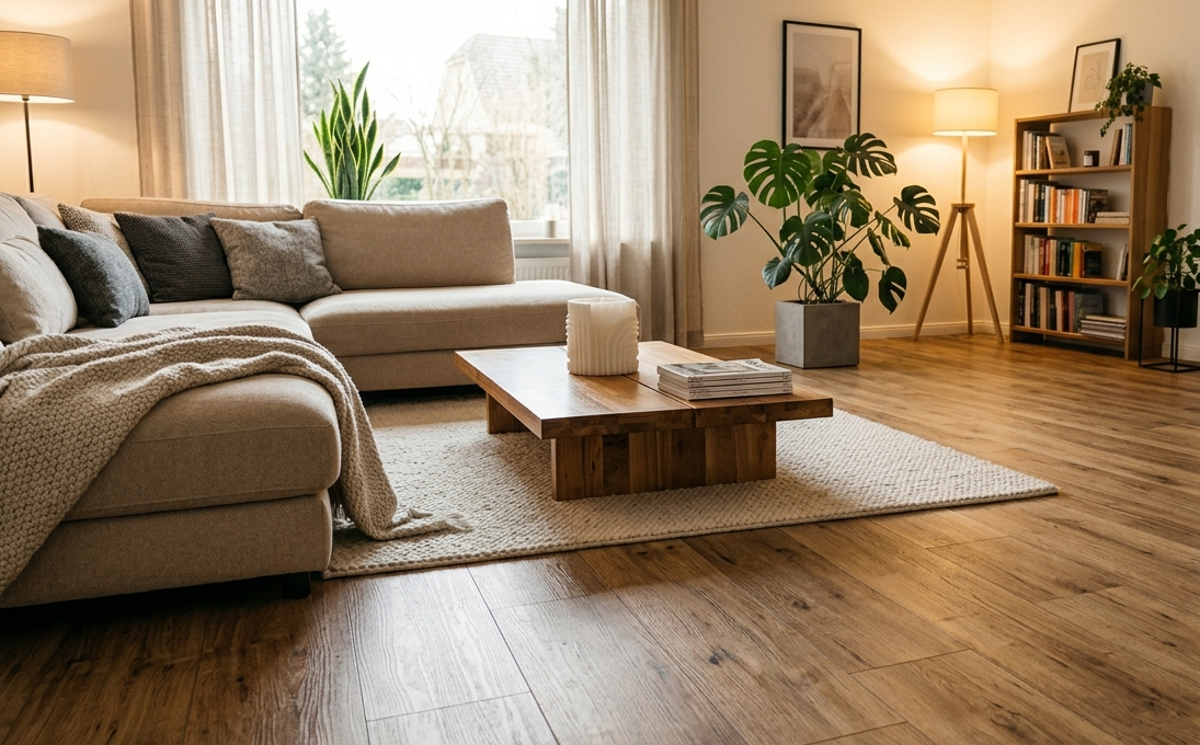 Ein Designboden in Holzoptik ist in einem Wohnzimmer verlegt.