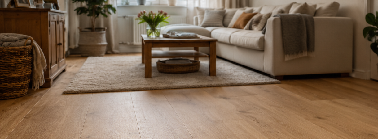 Ein heller Designboden in Landhausdielen-Optik liegt in einem hellen Wohnzimmer.