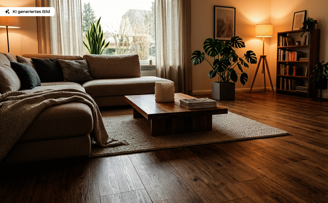 Ein Designboden in Holzoptik ist in einem Wohnzimmer verlegt.