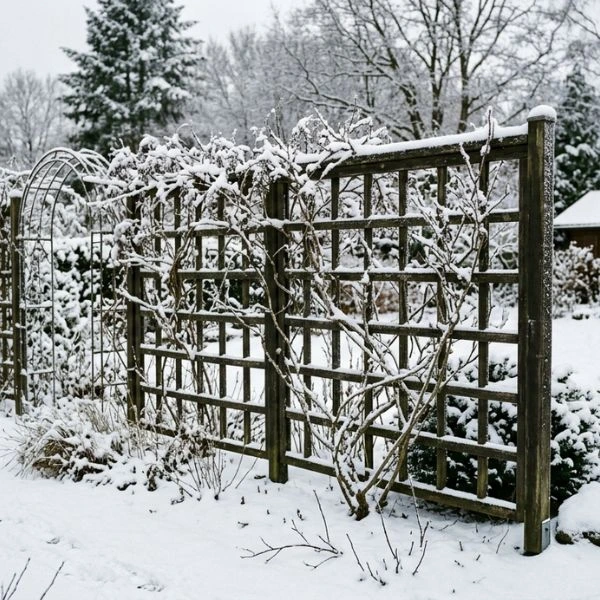 Dunkler Rankzaun im Garten bei viel Schnee