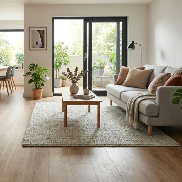 Heller Vinylboden in einem offenem Wohnzimmer