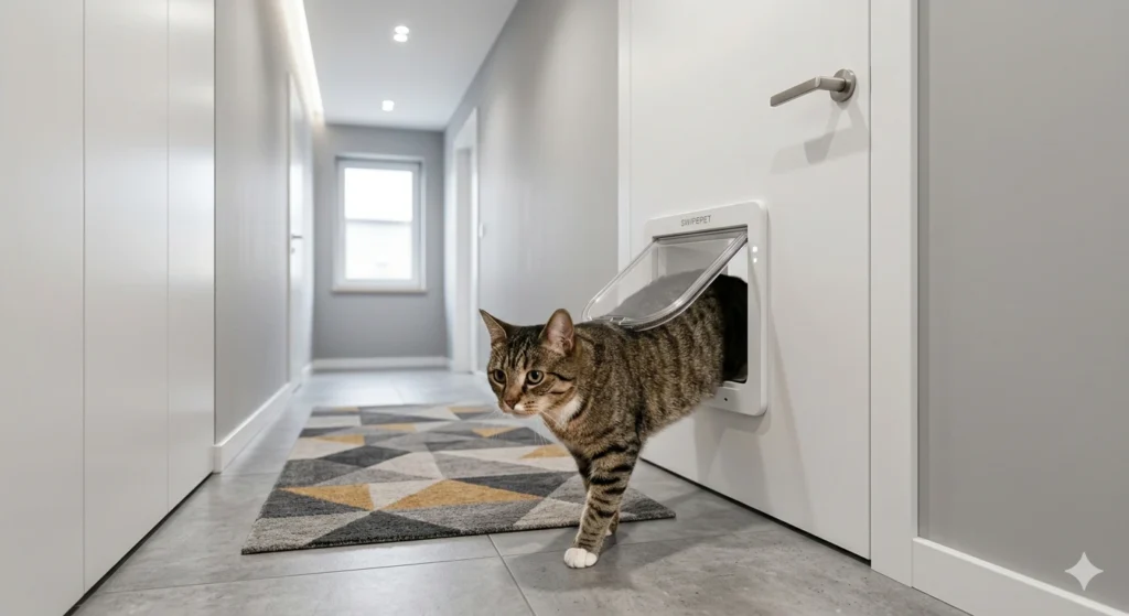 Katze geht durch eine Katzenklappe in einer Zimmertür