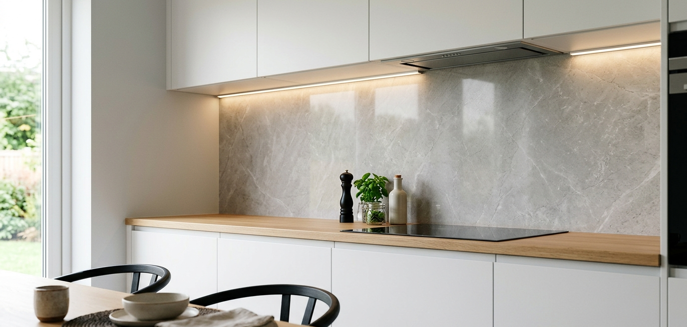 Zu sehen ist eine helle, weiße Küche mit einer Rückwand in Steinoptik.