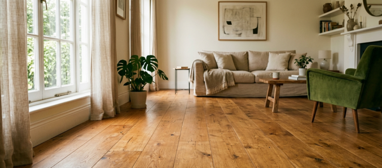 Zu sehen ist ein helles Wohnzimmer in dem ein Holzboden verlegt ist.