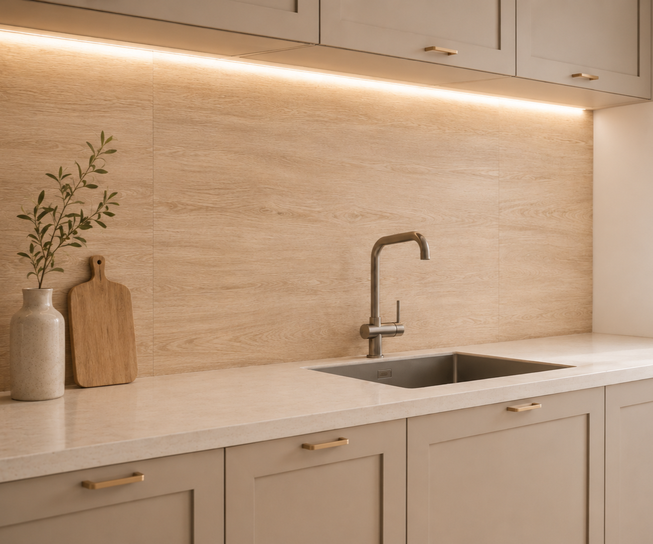 HORI BARIDECOR AQUA Wandverkleidung Baviera Oak als Küchenrückwand einer gemütlich wirkenden Küche.