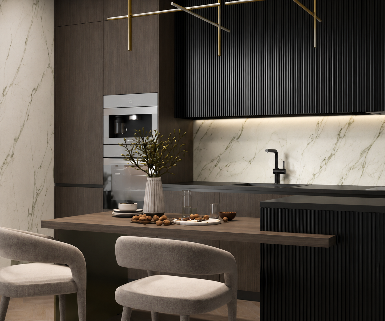 MODEE Wandverkleidung 1200 x 600 x 4 mm Fliese Stone Essence Pietra Santa mit Naturstruktur als Küchenrückwand einer modernen Küche.