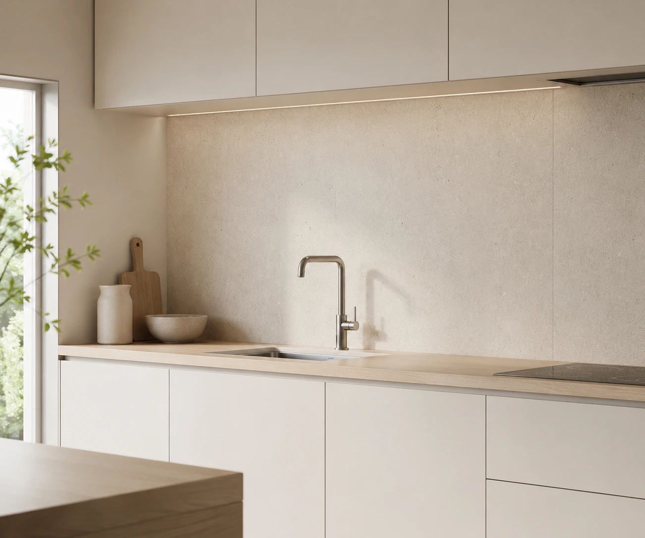 Gerflor Mural Revela Wandverkleidung Corabia 7035 als Küchenrückwand einer hellen Küche