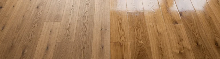 Nahaufnahme von geöltem Parkett verglichen mit glänzend lackiertem Parkett